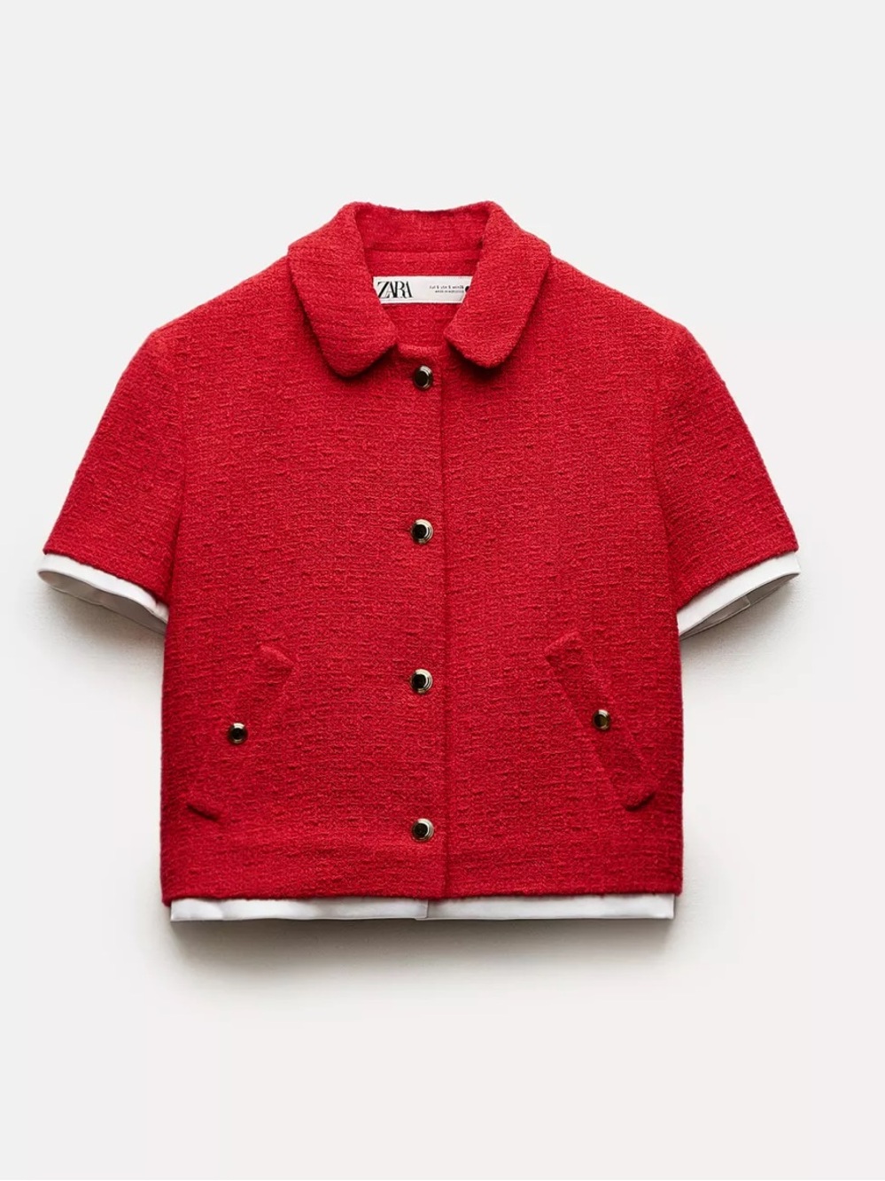 Textured Cropped Red Short-Sleeve Jacket- ZW Collection